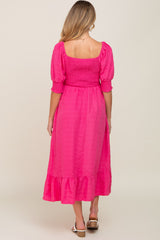 Fuchsia Square Neck Smocked Short Sleeve Maternity Midi Dress