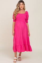 Fuchsia Square Neck Smocked Short Sleeve Maternity Midi Dress