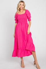 Fuchsia Square Neck Smocked Short Sleeve Maternity Midi Dress