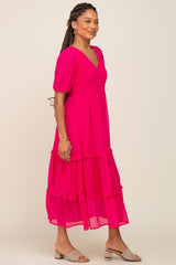 Fuchsia Chiffon Smocked V-Neck Ruffle Tiered Midi Dress