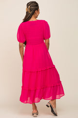 Fuchsia Chiffon Smocked V-Neck Ruffle Tiered Midi Dress