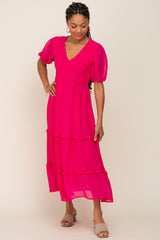 Fuchsia Chiffon Smocked V-Neck Ruffle Tiered Midi Dress