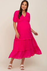 Fuchsia Chiffon Smocked V-Neck Ruffle Tiered Maternity Midi Dress