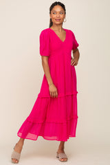 Fuchsia Chiffon Smocked V-Neck Ruffle Tiered Maternity Midi Dress