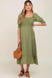 Olive Square Neck Smocked Short Sleeve Maternity Midi Dress