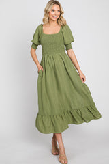 Olive Square Neck Smocked Short Sleeve Maternity Midi Dress