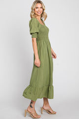 Olive Square Neck Smocked Short Sleeve Midi Dress