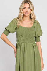 Olive Square Neck Smocked Short Sleeve Midi Dress