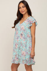 Mint Green Floral Flutter Sleeve Maternity Babydoll Dress