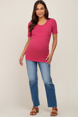 Magenta Ribbed Wrap Front Maternity/Nursing Top