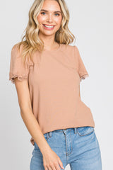 Taupe Ribbed Lace Trim Top