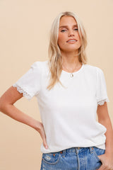 White Ribbed Lace Trim Maternity Top