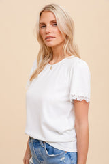 White Ribbed Lace Trim Top