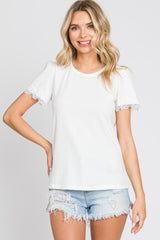 White Ribbed Lace Trim Top