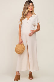 Beige Front Button Accent Maternity Jumpsuit