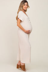 Beige Front Button Accent Maternity Jumpsuit