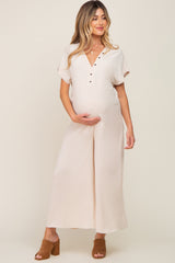 Beige Front Button Accent Maternity Jumpsuit