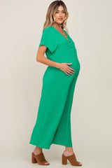 Green Front Button Accent Maternity Jumpsuit