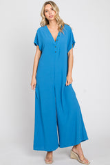 Blue Front Button Accent Maternity Jumpsuit