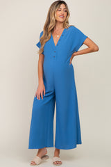 Blue Front Button Accent Maternity Jumpsuit