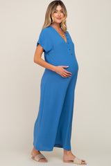 Blue Front Button Accent Maternity Jumpsuit