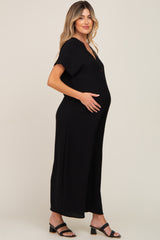 Black Front Button Accent Maternity Jumpsuit