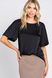 Black Satin Pleated Puff Short Sleeve Blouse