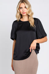 Black Satin Pleated Puff Short Sleeve Blouse