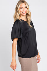 Black Satin Pleated Puff Short Sleeve Blouse