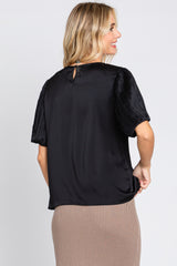 Black Satin Pleated Puff Short Sleeve Blouse