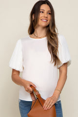 Ivory Satin Pleated Puff Short Sleeve Maternity Blouse