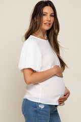 Ivory Satin Pleated Puff Short Sleeve Maternity Blouse