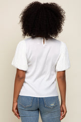 Ivory Satin Pleated Puff Short Sleeve Blouse