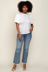 Ivory Satin Pleated Puff Short Sleeve Blouse