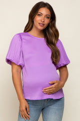 Lavender Satin Pleated Puff Short Sleeve Maternity Blouse