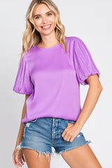 Lavender Satin Pleated Puff Short Sleeve Blouse