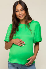 Green Satin Pleated Puff Short Sleeve Maternity Blouse