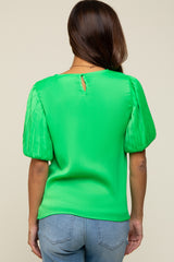 Green Satin Pleated Puff Short Sleeve Maternity Blouse