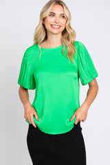 Green Satin Pleated Puff Short Sleeve Blouse