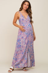 Blue Floral Front Button Maternity Maxi Dress