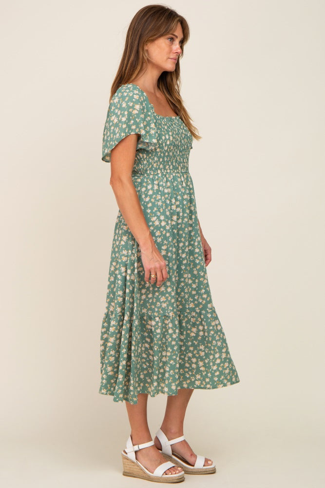 Light Olive Floral Smocked Midi Dress – PinkBlush