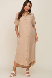 Taupe Button Down Maternity Midi Dress