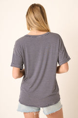 Navy Striped Front Pocket Short Sleeve Top