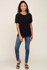 Black Swiss Dot Contrast Sleeve Top