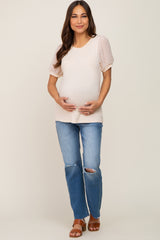 Beige Swiss Dot Contrast Sleeve Maternity Top