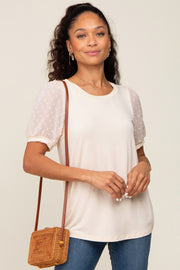 Beige Swiss Dot Contrast Sleeve Top