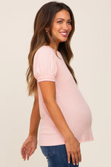 Light Pink Textured Ribbed Short Puff Sleeve Maternity Top