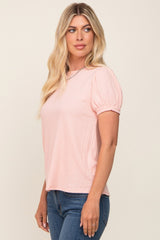 Light Pink Textured Ribbed Short Puff Sleeve Top