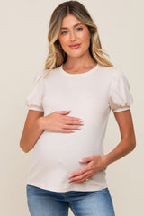 Cream Textured Ribbed Short Puff Sleeve Maternity Top