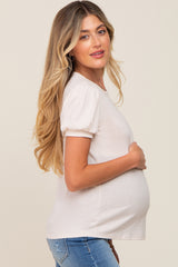 Cream Textured Ribbed Short Puff Sleeve Maternity Top